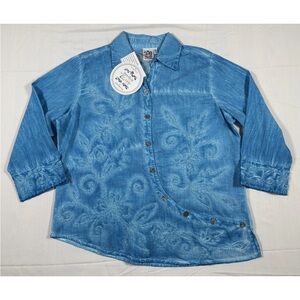 Parsley & Sage Rope Embroidered Button Up Top Womens L Blue Asymmetrical Artsy